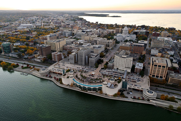 Aerial view of Monona Terrace and Capitol building