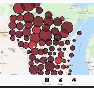 Wisconsin map with circles representing number of Covid cases