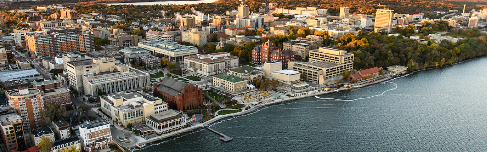 An aerial view of the Memorial Union Terrace and Lake Mendota