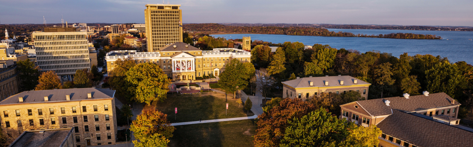View of Bascom Hall with the lake behind it. 