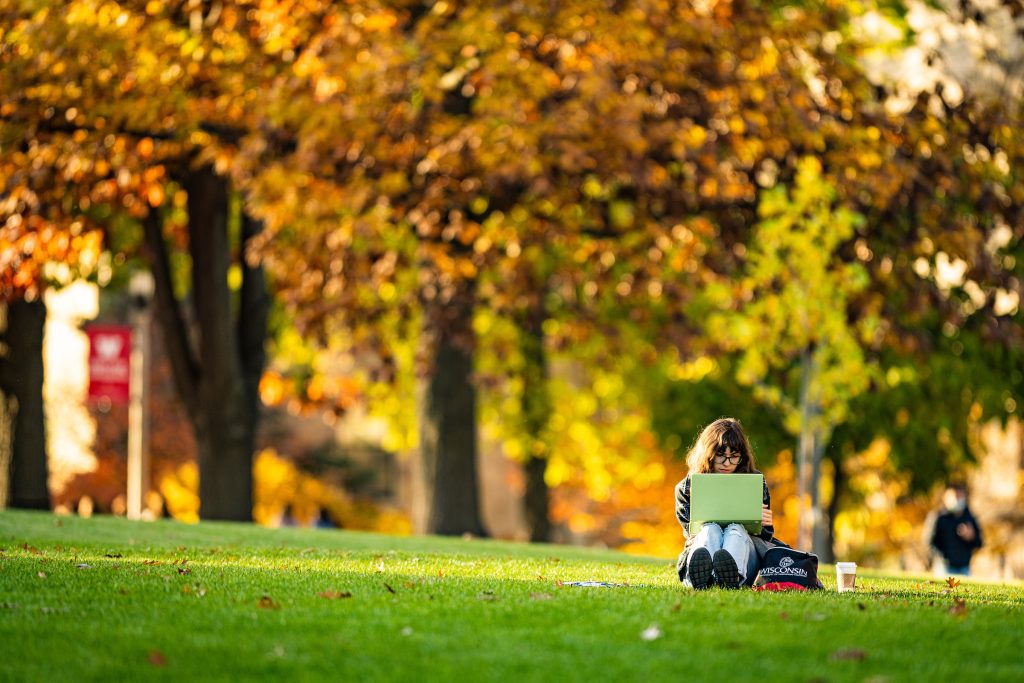 A person works on a laptop outside under yellow fall trees. 