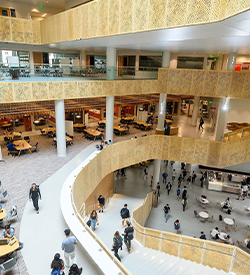 A view from above, looking down the levels of Morgridge Hall