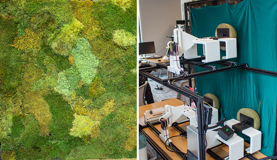 Two images sit side-by-side: the front of a robotic moss sculpture, and a shot of the back that shows its mechanical apparatus.