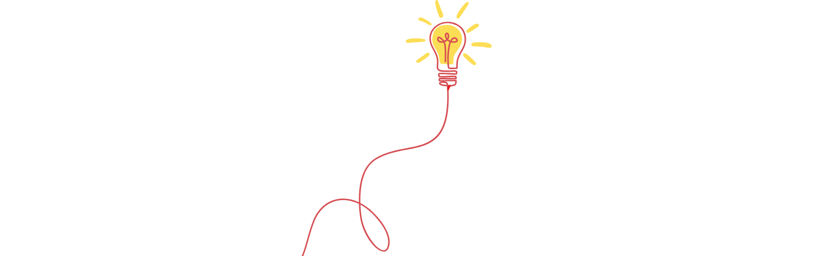 A cartoon-ish yellow lightbulb with a red filament inside and a red string twisting down from it. 